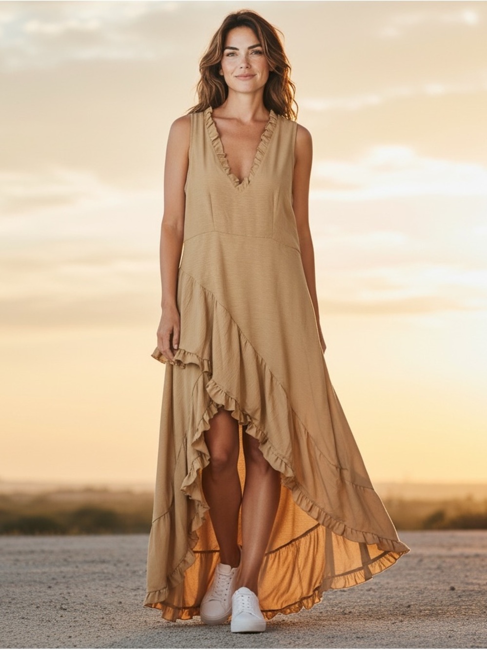 Sleeveless Ruffle High-Low Maxi Dress in Camel